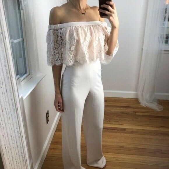 NEW BHLDN Sz 2 THEIA BRIDESMAIDS BRIDAL MILA OFF-THE-SHOULDER LACE JUMPSUIT - Picture 4 of 4